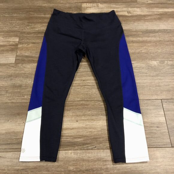 Athleta Leggings Small Multi Blue White Color Block Cropped Back Zipper Pocket - Picture 1 of 11